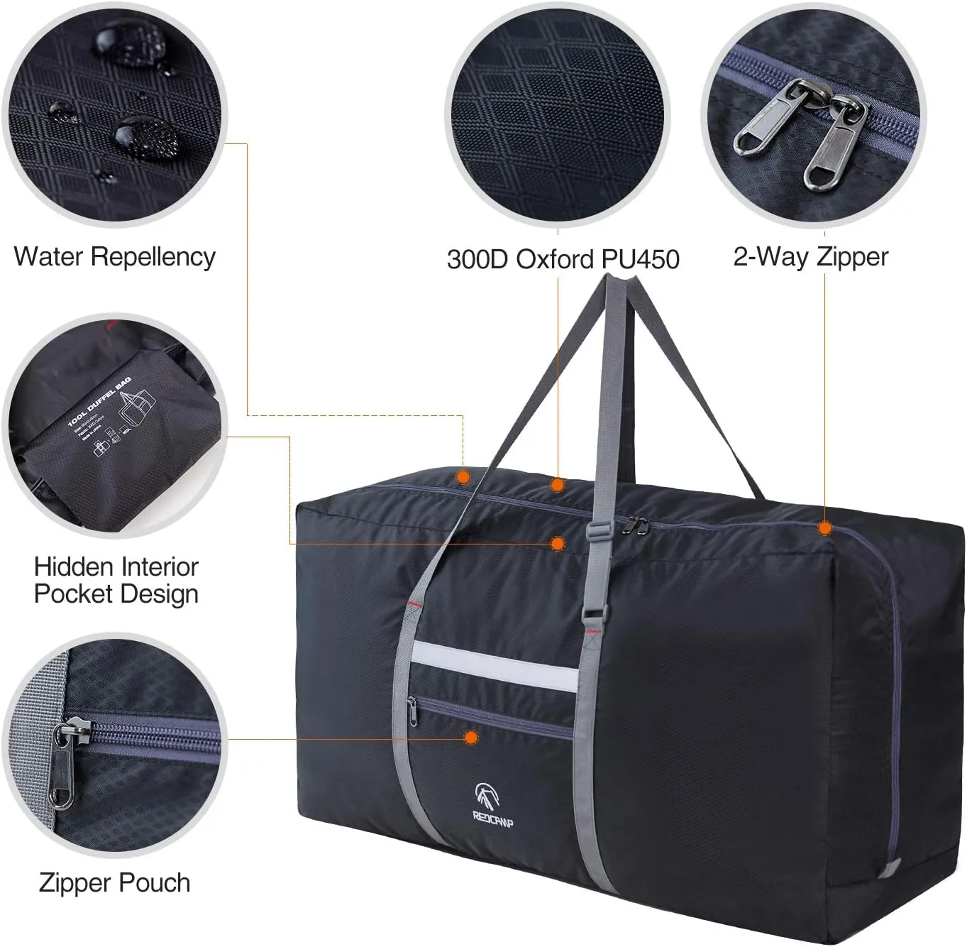 REDCAMP 100L Foldable Extra Large Duffle Bag 31 Inch, Lightweight Travel Duffel Bag with Adjustable Strap for Men Women, Black/Dark Blue/Red
