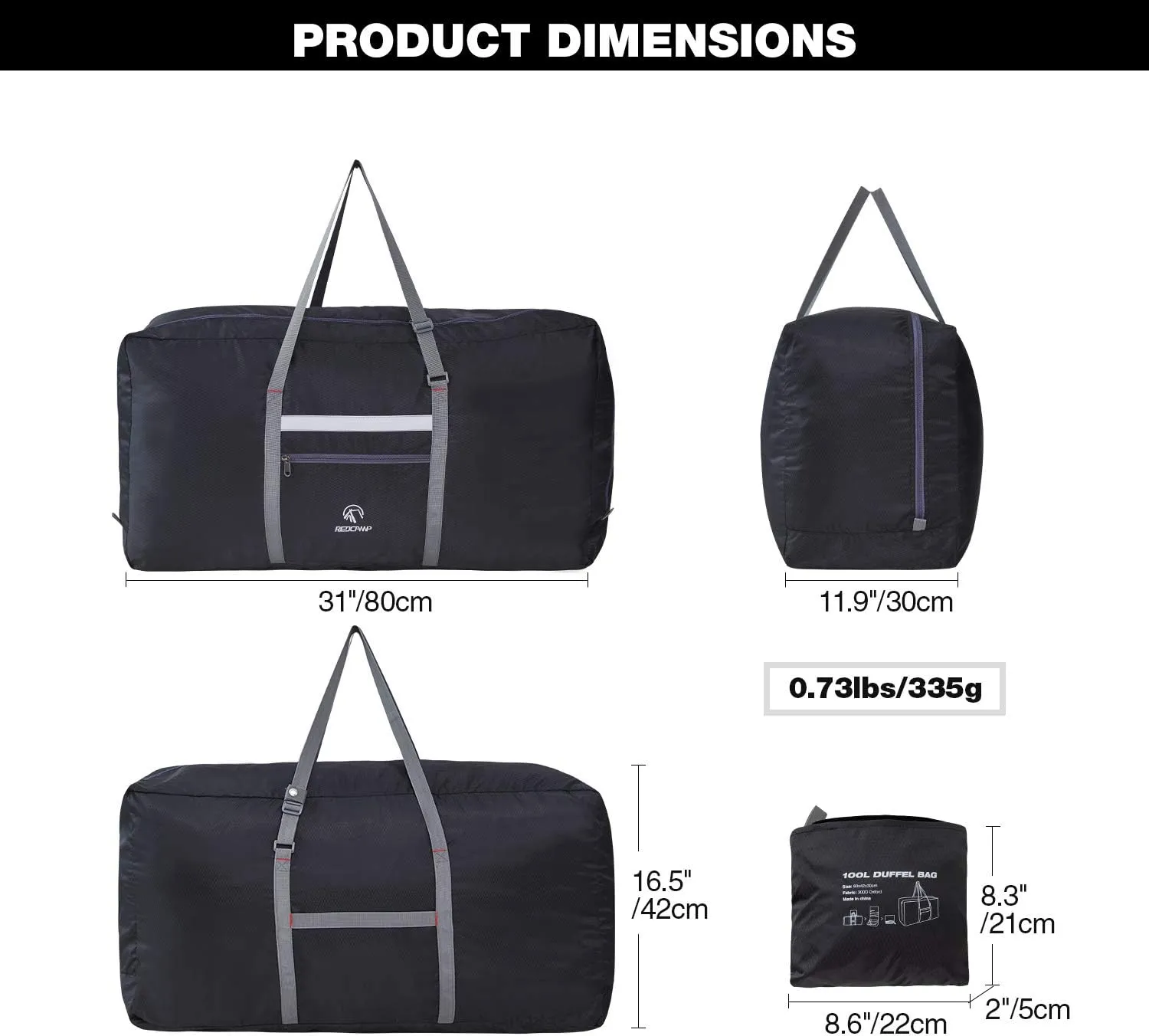 REDCAMP 100L Foldable Extra Large Duffle Bag 31 Inch, Lightweight Travel Duffel Bag with Adjustable Strap for Men Women, Black/Dark Blue/Red