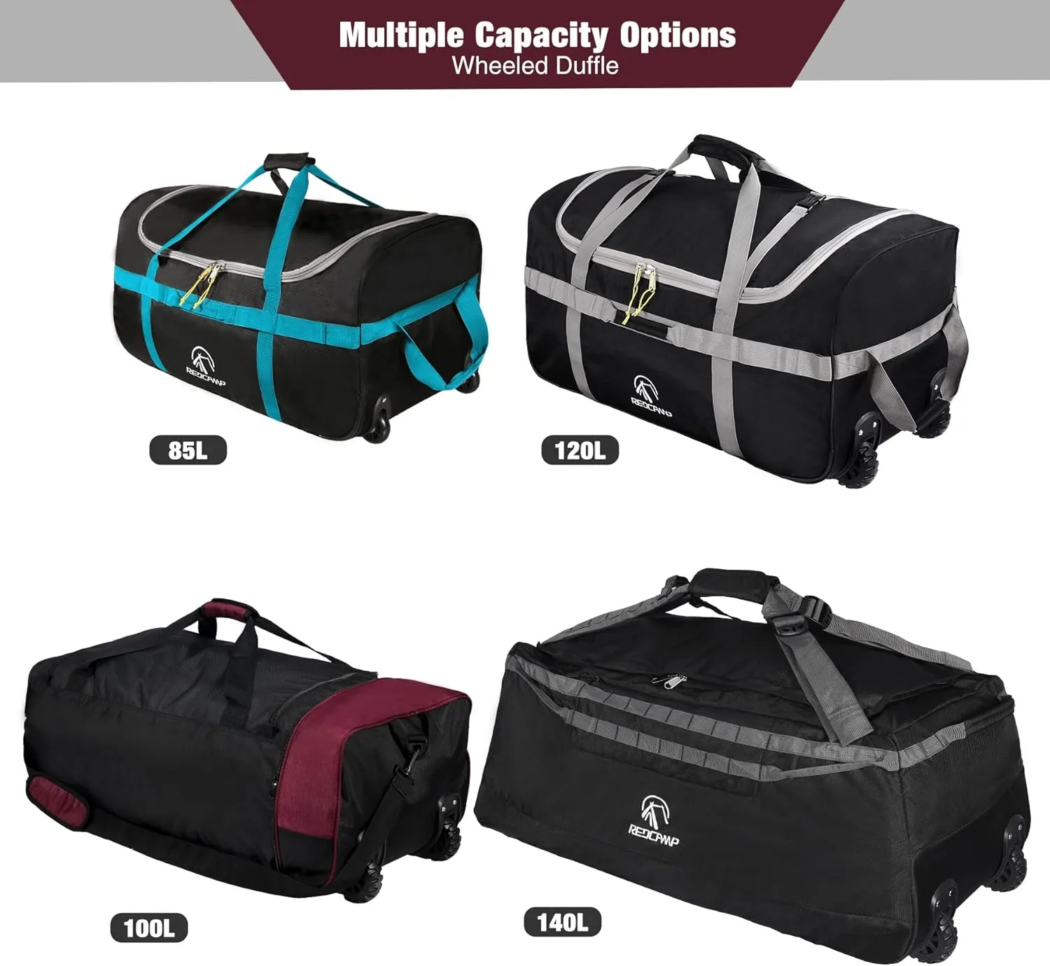 REDCAMP 85L/120L/140L Foldable Duffle Bag with Wheels, Large Travel Duffel Bag