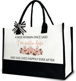 Retirement Tote Bag for Women, Retired Farewell Canvas Tote Bag Gift for Her, Happy Retirement Gift for Coworkers, A Wise Woman Once Said I'm Outta Here, 12x17 inch
