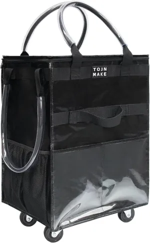 Reusable Grocery Bag with Wheels (Large, Black), Shopping Trolley with 8 Pockets and Zipper Cover Foldable Rolling Tote for Women, Kitchen, Travel, Carries Up to 66LBS