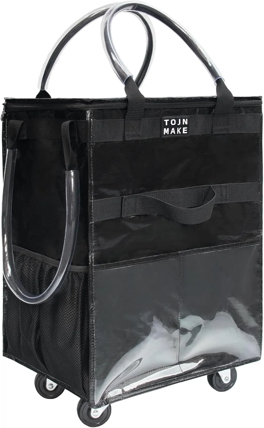 Reusable Grocery Bag with Wheels (Large, Black), Shopping Trolley with 8 Pockets and Zipper Cover Foldable Rolling Tote for Women, Kitchen, Travel, Carries Up to 66LBS