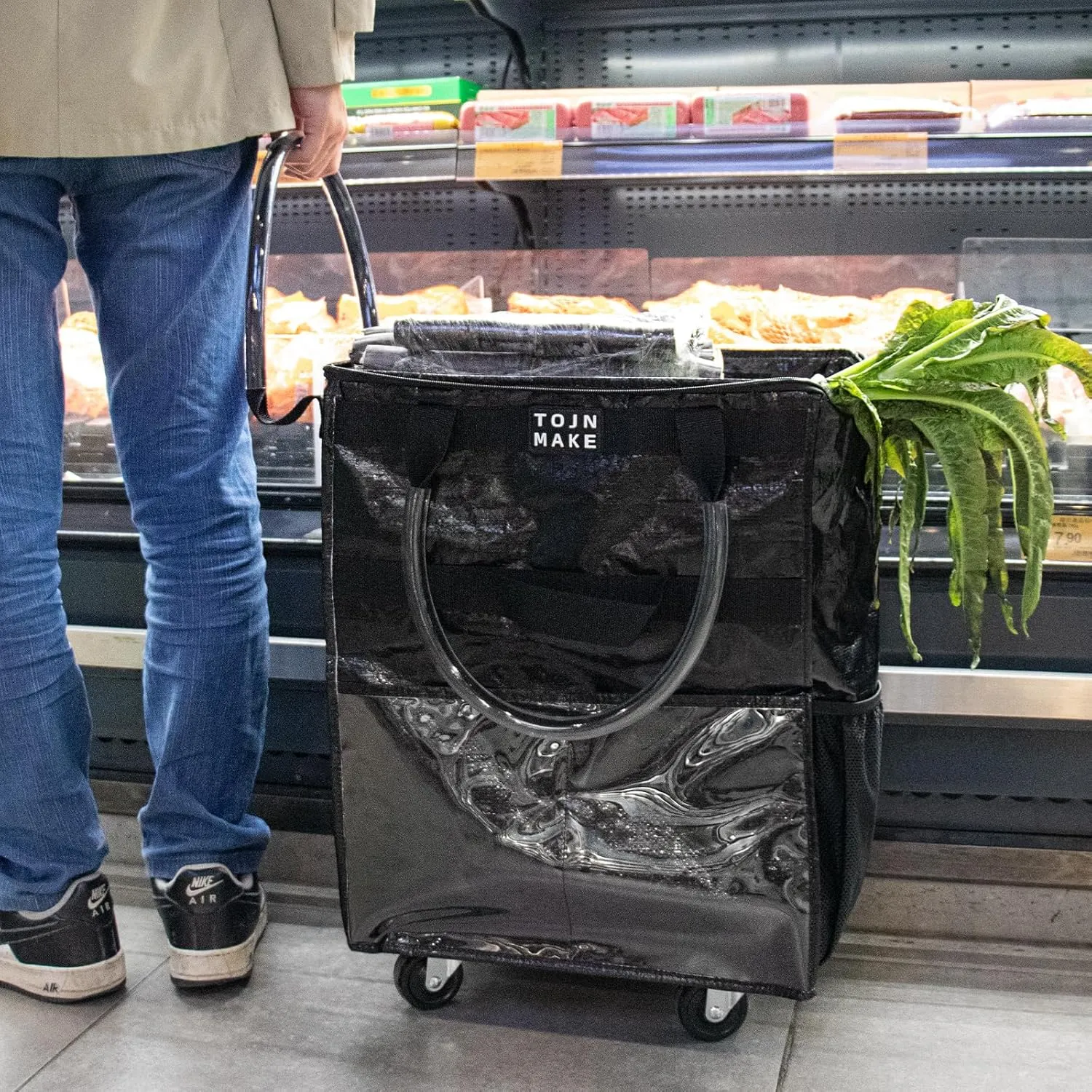 Reusable Grocery Bag with Wheels (Large, Black), Shopping Trolley with 8 Pockets and Zipper Cover Foldable Rolling Tote for Women, Kitchen, Travel, Carries Up to 66LBS