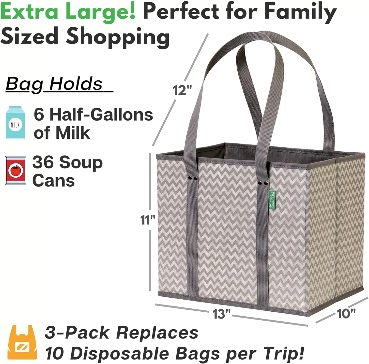 Reusable Grocery Bags (3 Pack) – Heavy Duty Reusable Shopping Bags with Box Shape to Stand Up and Stay Open – Large Tote Bags with Long Handles & Reinforced Bottom – Foldable Utility Bag – Chevron