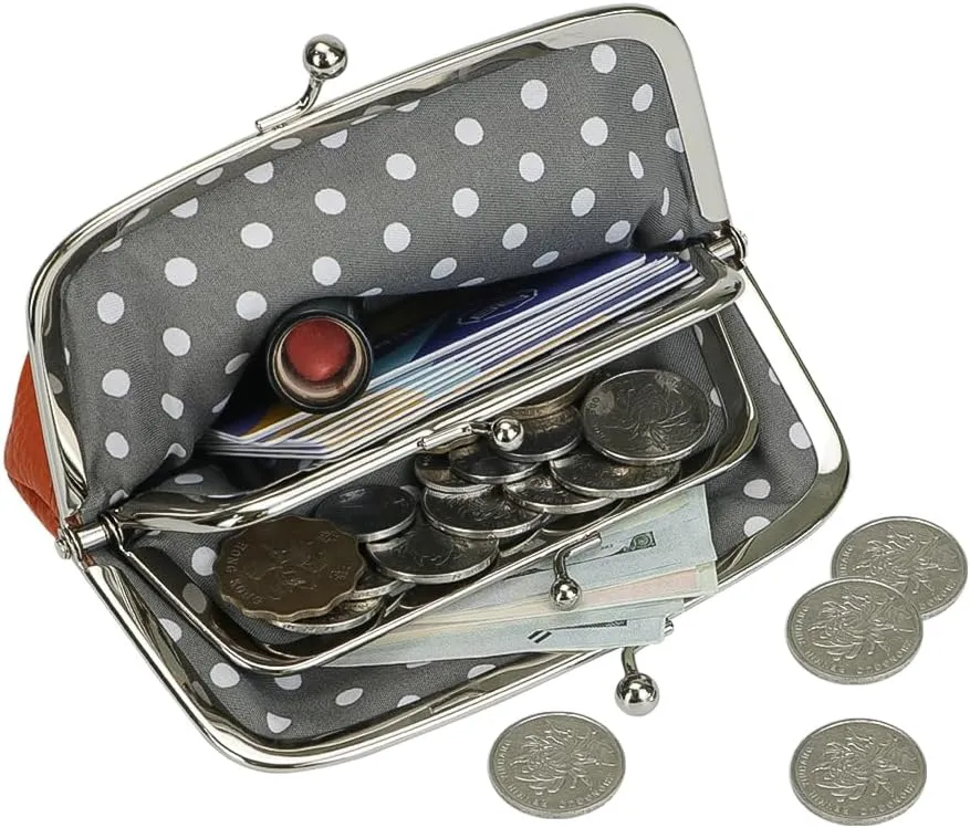 RFID Coin Purses for Women, Fashion Kiss Lock Change Pouch, Double Clip Key Card Storage Bag (Orange)