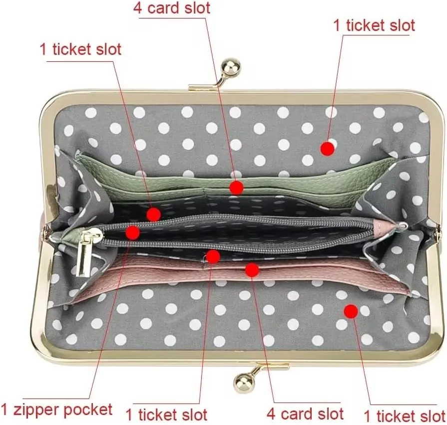 RFID Contrast Clutch Purses for Women, Leather Evening Bag with Kiss Lock, Multi Layer Mobile Phone Wallet