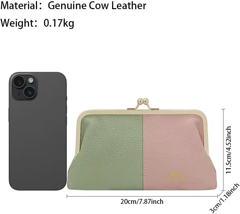 RFID Contrast Clutch Purses for Women, Leather Evening Bag with Kiss Lock, Multi Layer Mobile Phone Wallet