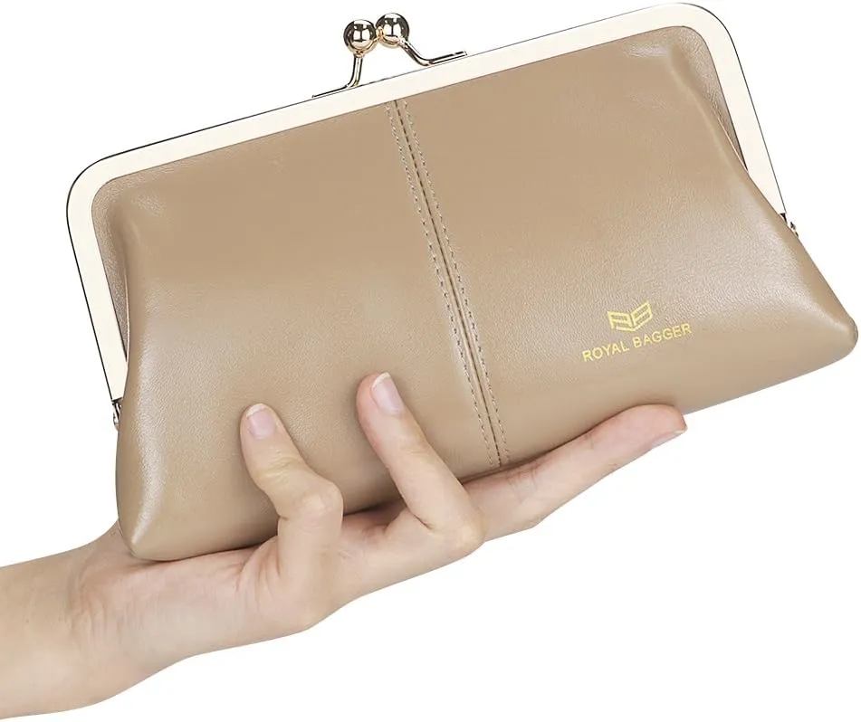 RFID Kiss Lock Wallet, Solid Color Multi-card Slots Card Holder, Genuine Leather Clutch Purses for Women 1468 (Blue (2468))