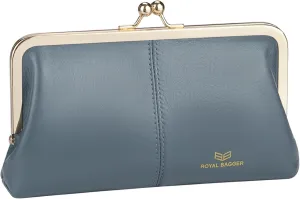 RFID Kiss Lock Wallet, Solid Color Multi-card Slots Card Holder, Genuine Leather Clutch Purses for Women 1468 (Blue (2468))