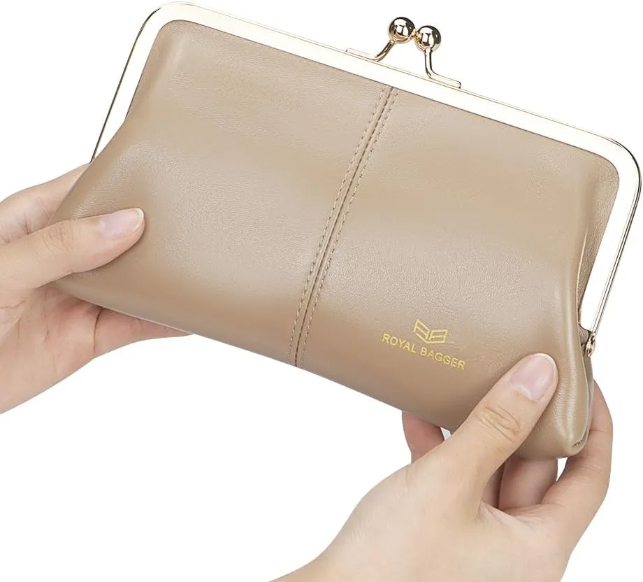 RFID Kiss Lock Wallet, Solid Color Multi-card Slots Card Holder, Genuine Leather Clutch Purses for Women 1468 (Blue (2468))