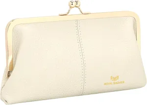 RFID Kiss Lock Wallet, Solid Color Multi-card Slots Card Holder, Genuine Leather Clutch Purses for Women 1468 (White)