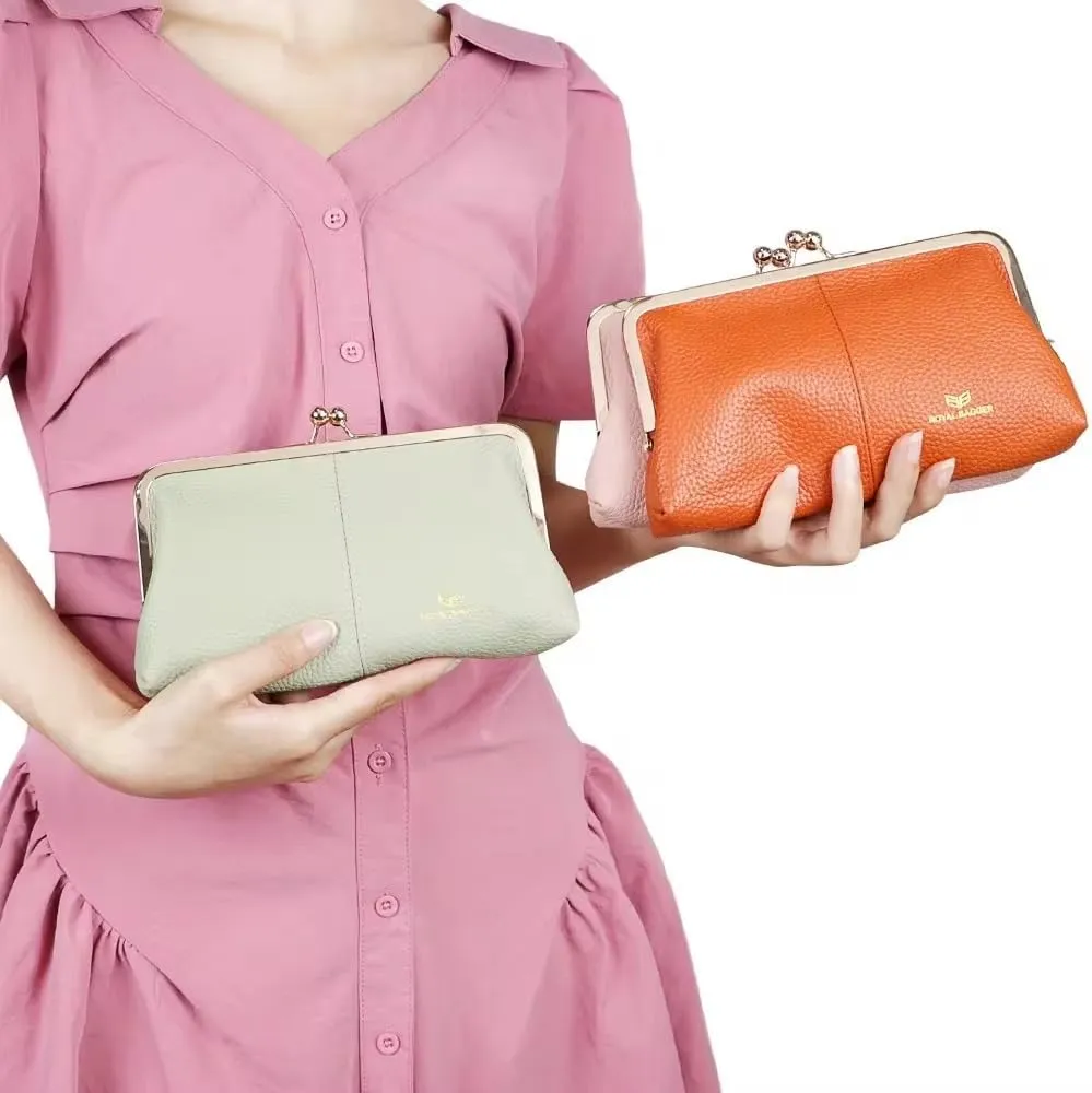 RFID Kiss Lock Wallet, Solid Color Multi-card Slots Card Holder, Genuine Leather Clutch Purses for Women 1468