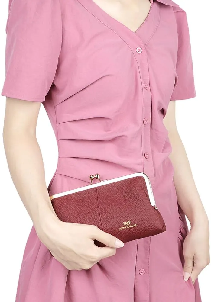 RFID Kiss Lock Wallet, Solid Color Multi-card Slots Card Holder, Genuine Leather Clutch Purses for Women 1468
