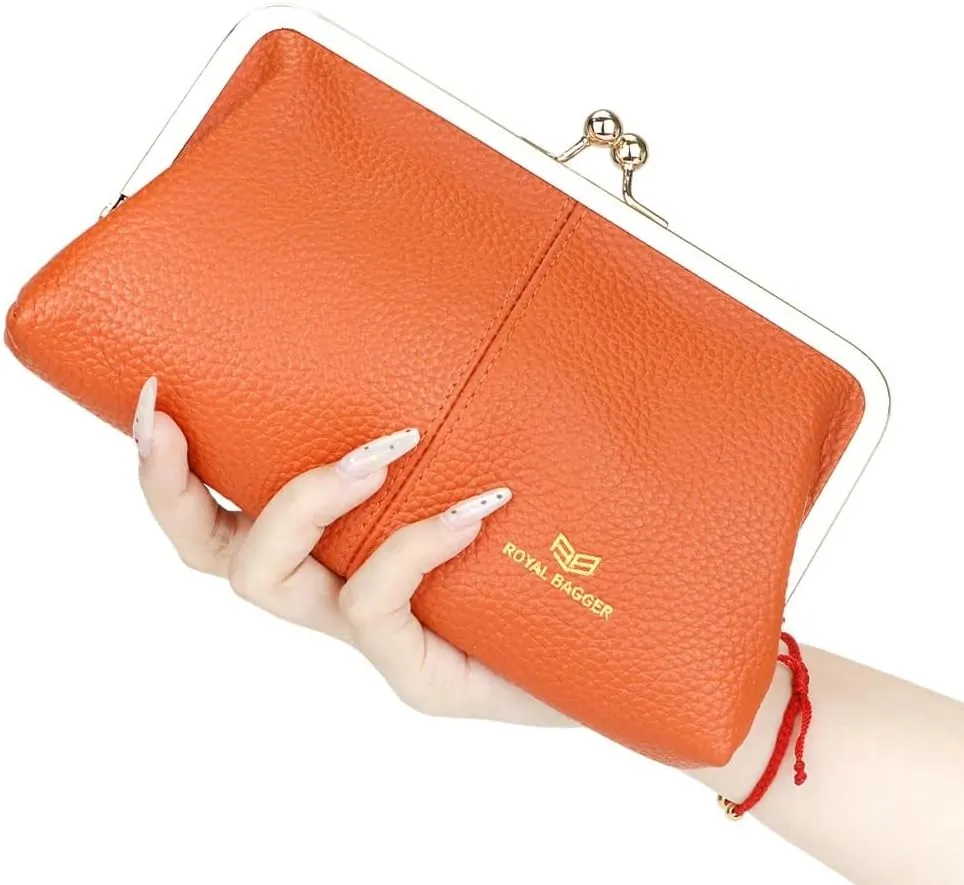 RFID Kiss Lock Wallet, Solid Color Multi-card Slots Card Holder, Genuine Leather Clutch Purses for Women 1468
