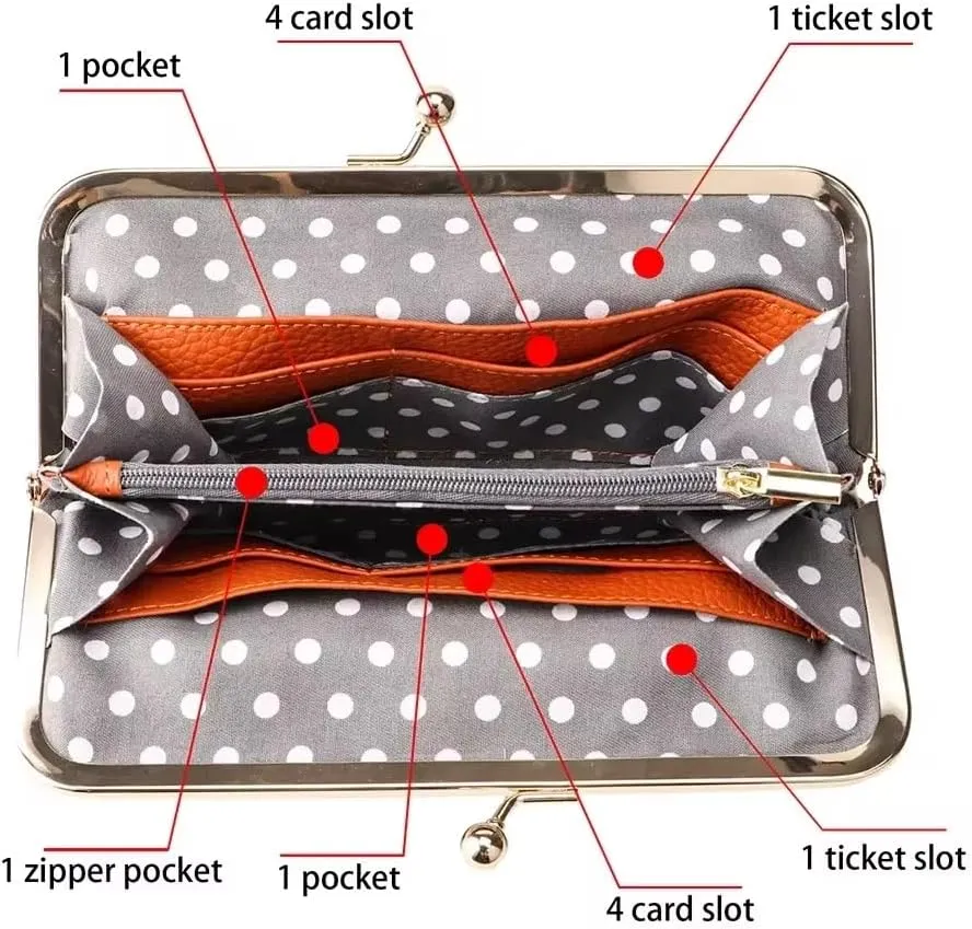 RFID Kiss Lock Wallet, Solid Color Multi-card Slots Card Holder, Genuine Leather Clutch Purses for Women 1468