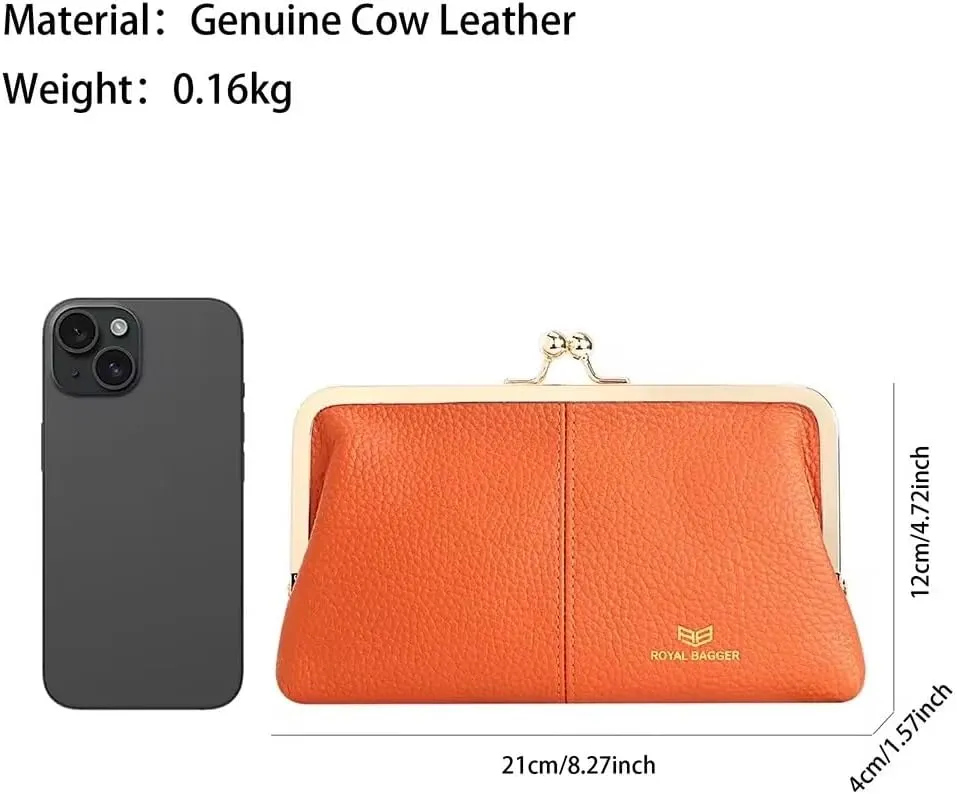 RFID Kiss Lock Wallet, Solid Color Multi-card Slots Card Holder, Genuine Leather Clutch Purses for Women 1468