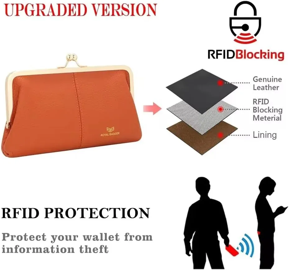 RFID Kiss Lock Wallet, Solid Color Multi-card Slots Card Holder, Genuine Leather Clutch Purses for Women 1468