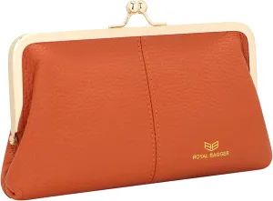 RFID Kiss Lock Wallet, Solid Color Multi-card Slots Card Holder, Genuine Leather Clutch Purses for Women 1468