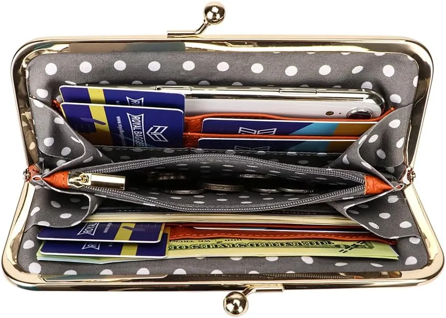 RFID Kiss Lock Wallet, Solid Color Multi-card Slots Card Holder, Genuine Leather Clutch Purses for Women 1468