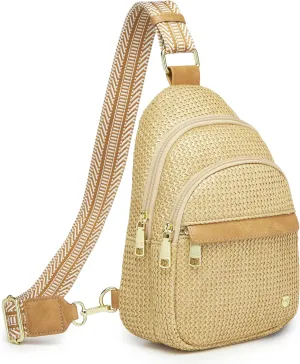 RFID Straw Summer Purses for Women 2025 Woven Sling Bag Fanny Packs Cross body for Everyday Beach Travel Vacation Essentials (Front Pocket Zipper)