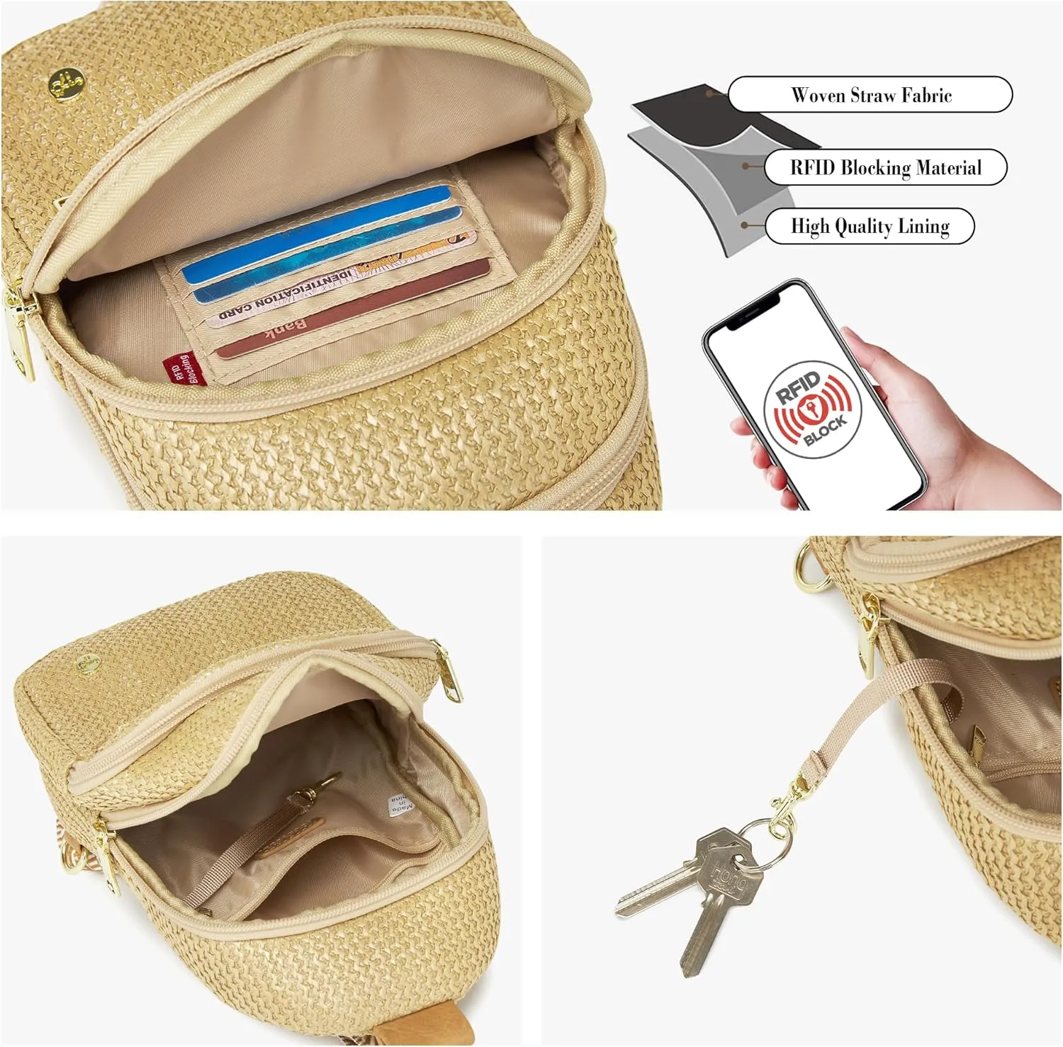 RFID Straw Summer Purses for Women 2025 Woven Sling Bag Fanny Packs Cross body for Everyday Beach Travel Vacation Essentials (Front Pocket Zipper)