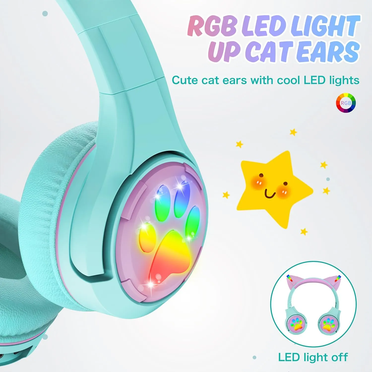 Riwbox CF9 Cat Ear Kids Bluetooth Headphones with LED Light Up,Safe 85dB Volume Limit,Built-in Mic&Boom Mic for Calls,Kids Wireless&Wired Headphones for Tablet/Airplane/School/Online Learning (Green)