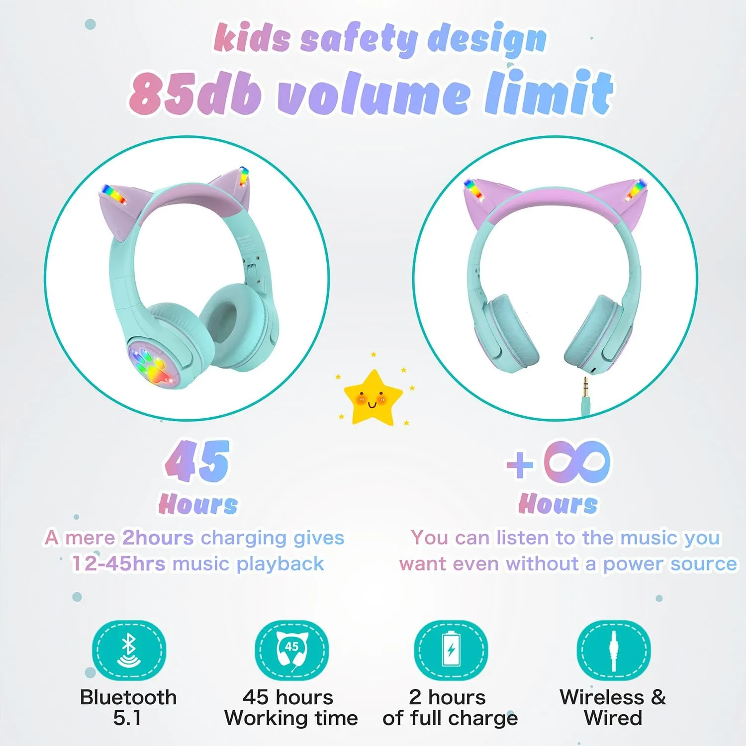 Riwbox CF9 Cat Ear Kids Bluetooth Headphones with LED Light Up,Safe 85dB Volume Limit,Built-in Mic&Boom Mic for Calls,Kids Wireless&Wired Headphones for Tablet/Airplane/School/Online Learning (Green)