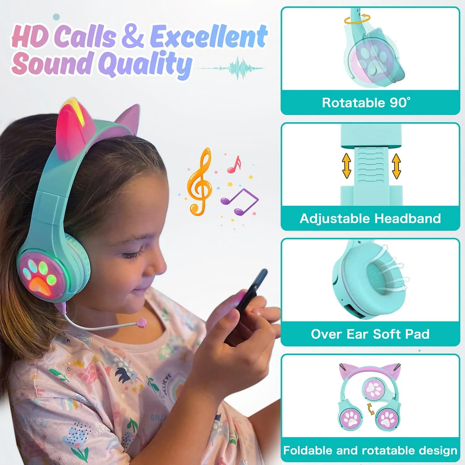 Riwbox CF9 Cat Ear Kids Bluetooth Headphones with LED Light Up,Safe 85dB Volume Limit,Built-in Mic&Boom Mic for Calls,Kids Wireless&Wired Headphones for Tablet/Airplane/School/Online Learning (Green)
