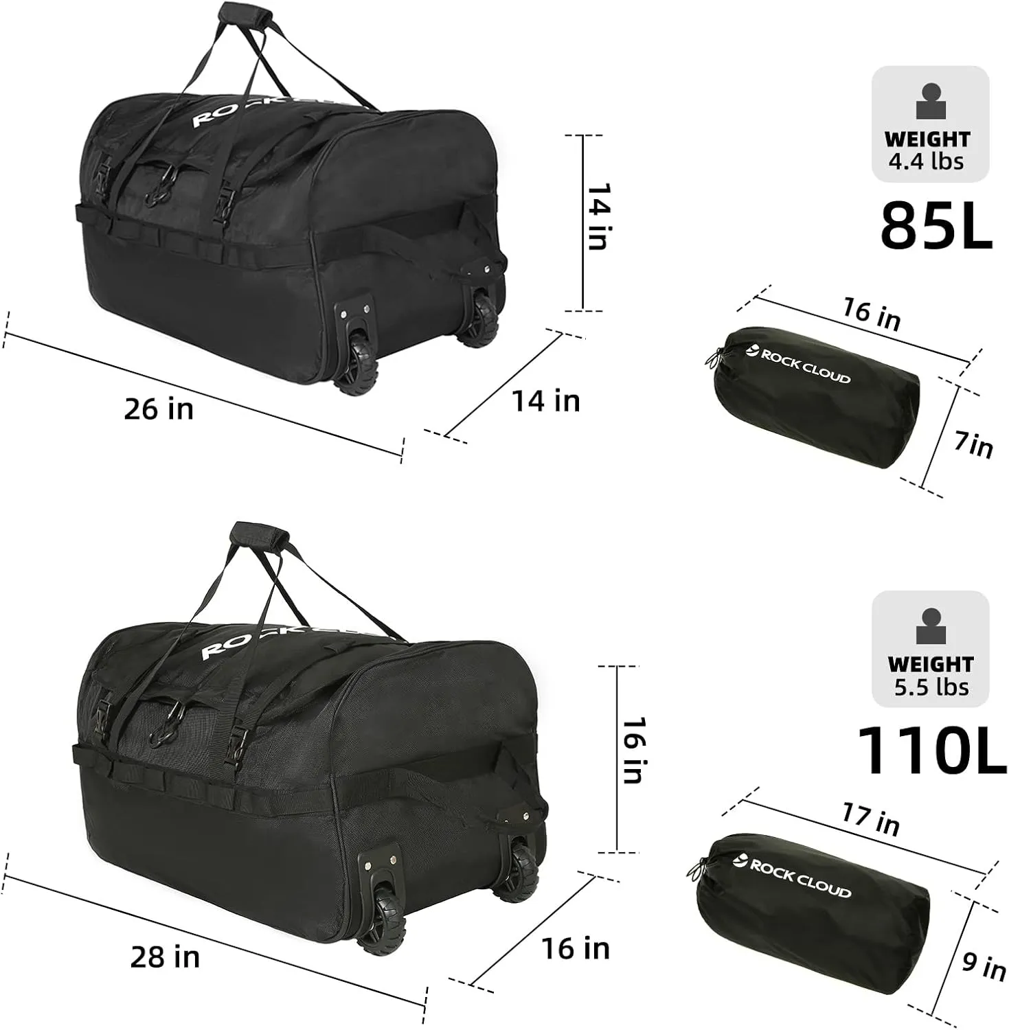 Rock Cloud Foldable Wheeled Duffel Bag with Widened Wheels 85L Rolling Duffle Bag Packable 26 inch for Travel Camping Sports