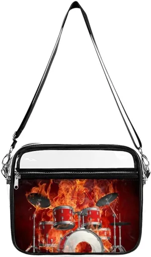 Rock Roll Drums Flame Drummer Skull Large Crossbody Bag Clear Stadium Bag Anti-Theft Side Shoulder Bags Messenger Bag with 2 Compartments
