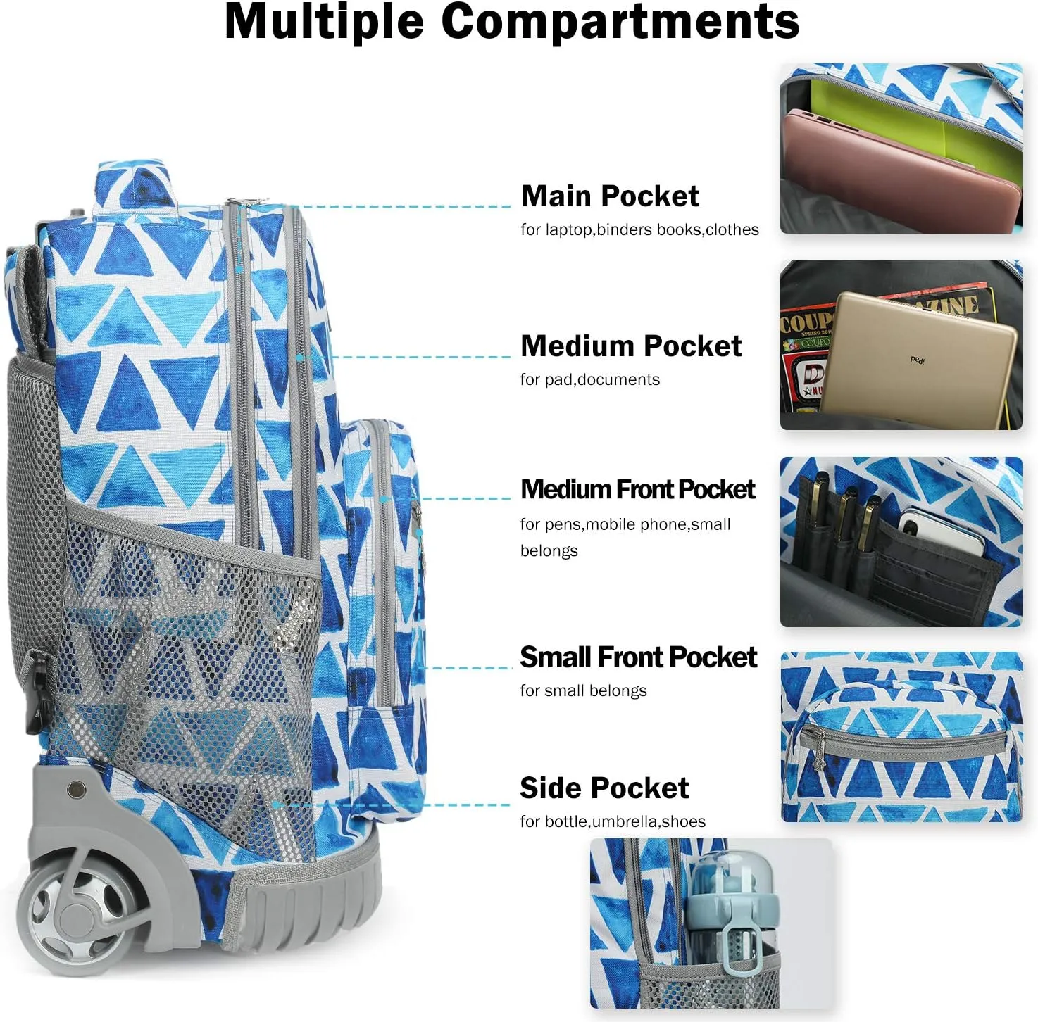 Rolling Backpack 19 inch Wheeled Boys Girls Travel School Student Trip…