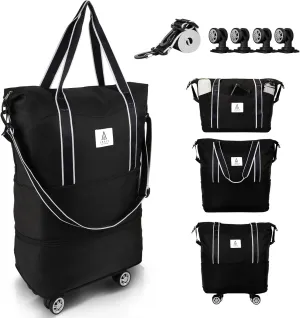 Rolling Duffle Bag with Detachable Wheels and Adjustable Shoulder Strap, Large Expandable Foldable Carry On Luggage Bag with Handle and Suitcase Sleeve, Weekender Bag for Travel Airplane 25L-55L