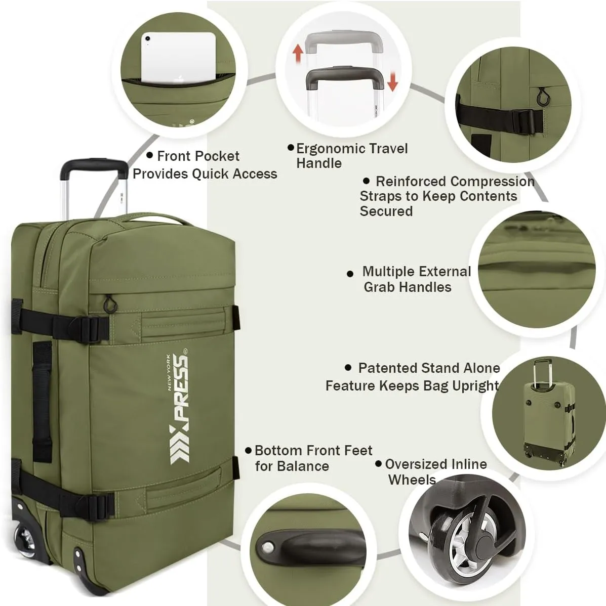 Rolling Duffle Bag with Wheels,3 In 1 Waterproof Travel Duffel Luggage with Rollers,Green