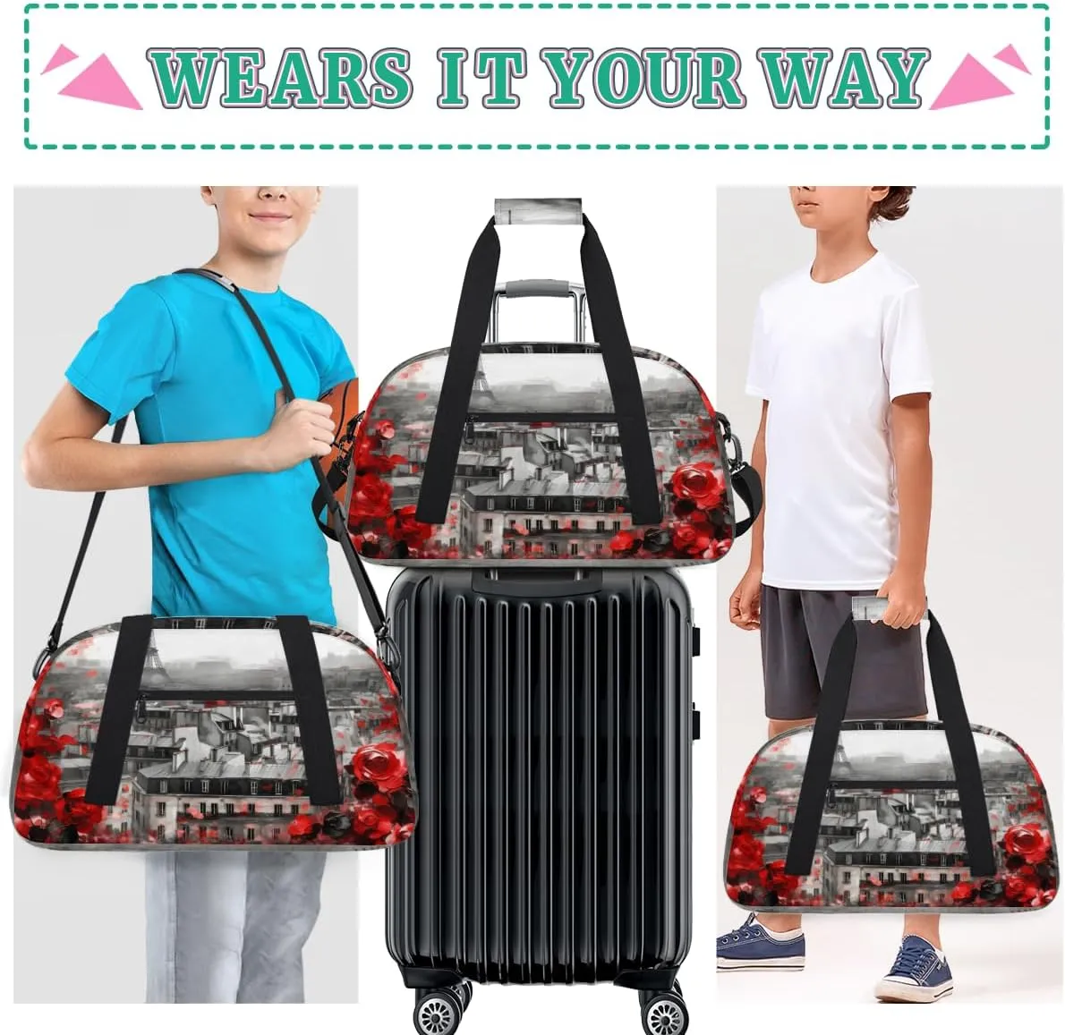 Rose Paris Boys Girls Gym Bag Dance Perform Training Duffel Bags Weekender Carry-On Tote Luggage Bag Ideal for School Practice or Overnight Trips Flowers