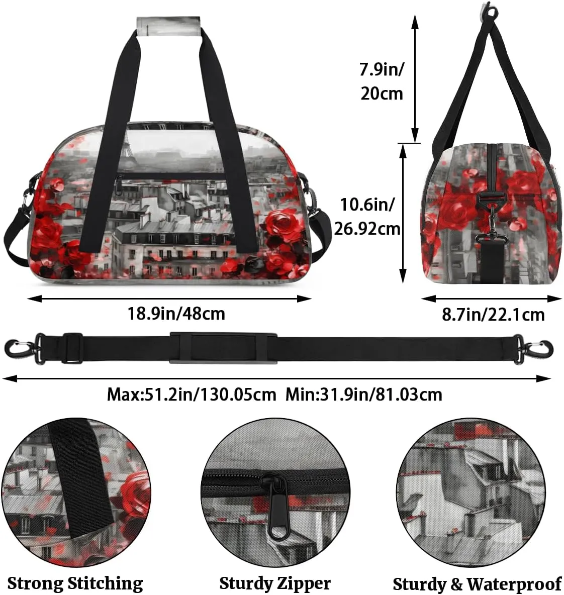 Rose Paris Boys Girls Gym Bag Dance Perform Training Duffel Bags Weekender Carry-On Tote Luggage Bag Ideal for School Practice or Overnight Trips Flowers