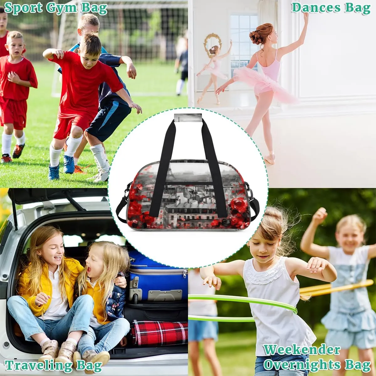 Rose Paris Boys Girls Gym Bag Dance Perform Training Duffel Bags Weekender Carry-On Tote Luggage Bag Ideal for School Practice or Overnight Trips Flowers