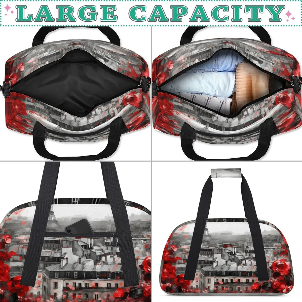 Rose Paris Boys Girls Gym Bag Dance Perform Training Duffel Bags Weekender Carry-On Tote Luggage Bag Ideal for School Practice or Overnight Trips Flowers