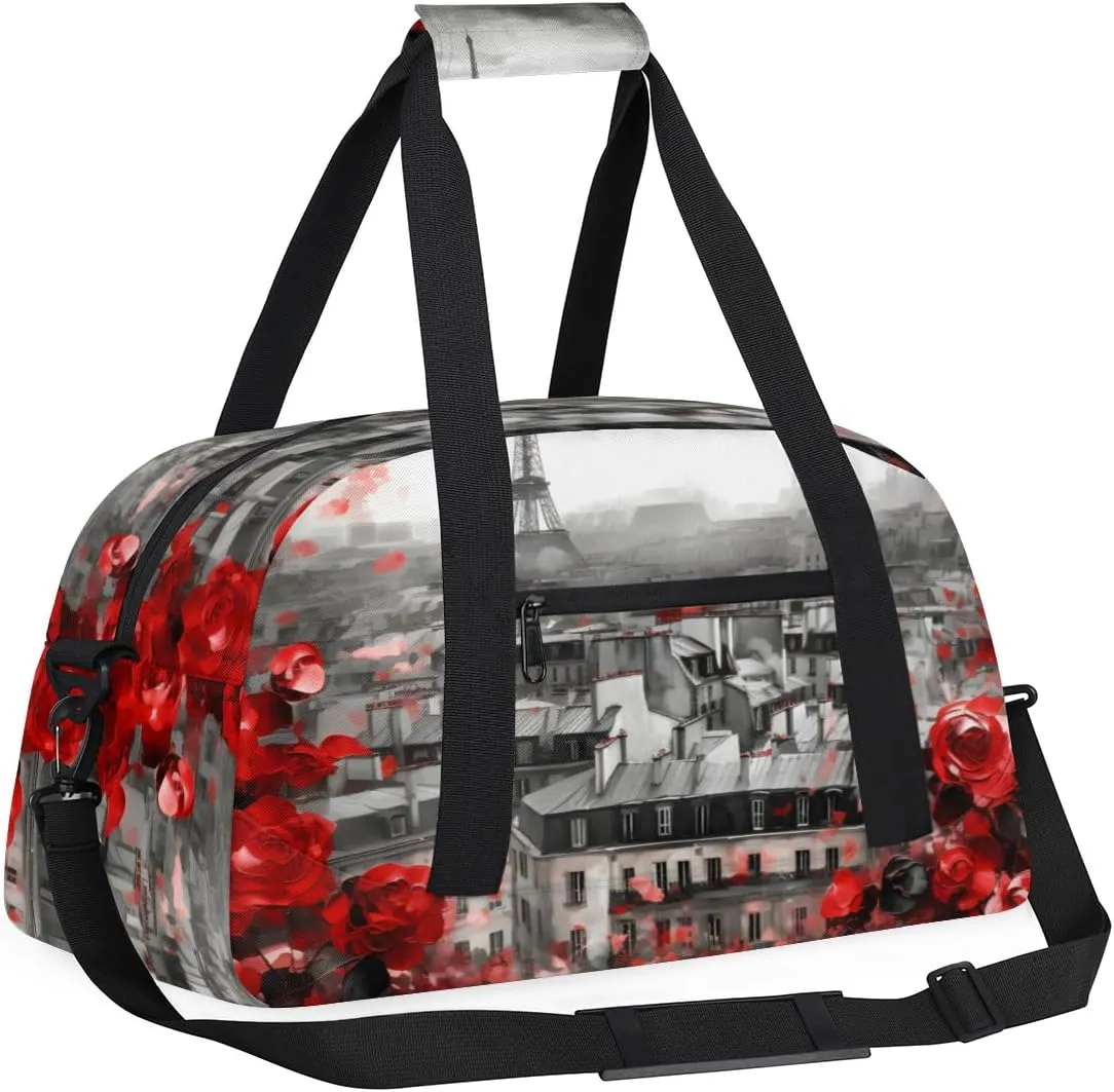 Rose Paris Boys Girls Gym Bag Dance Perform Training Duffel Bags Weekender Carry-On Tote Luggage Bag Ideal for School Practice or Overnight Trips Flowers