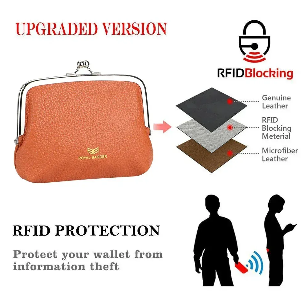 Royal Bagger RFID Blocking Coin Purses for Women Fashion Kiss Lock Change Pouch Double Clip Key Card Storage Bag 2639