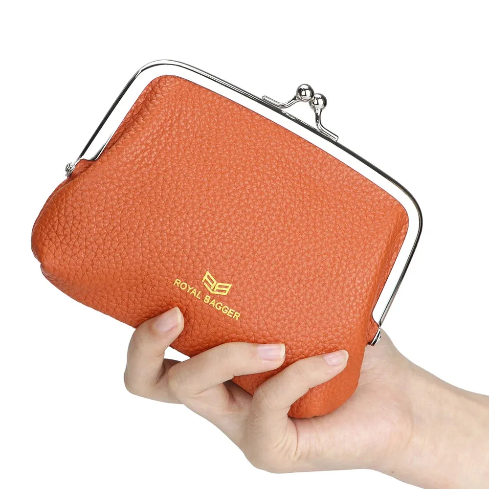 Royal Bagger RFID Blocking Coin Purses for Women Fashion Kiss Lock Change Pouch Double Clip Key Card Storage Bag 2639