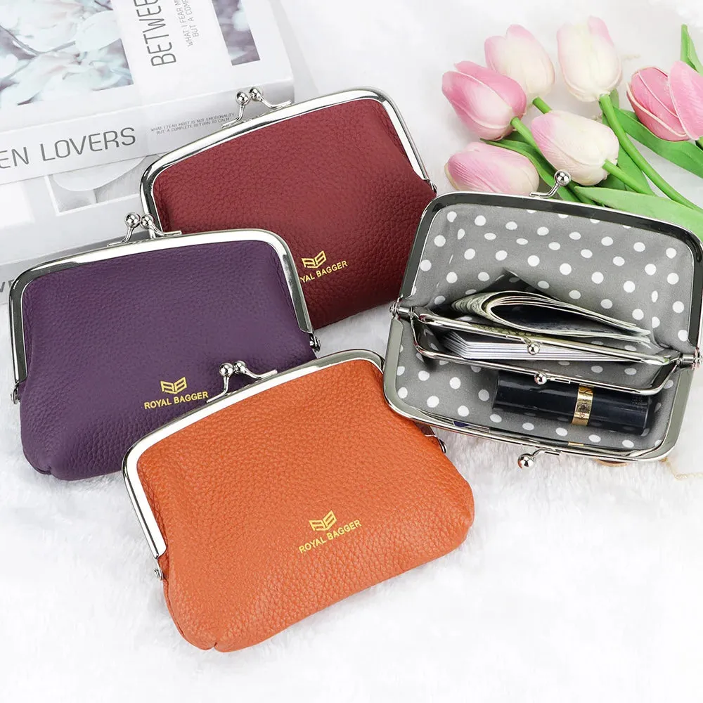 Royal Bagger RFID Blocking Coin Purses for Women Fashion Kiss Lock Change Pouch Double Clip Key Card Storage Bag 2639