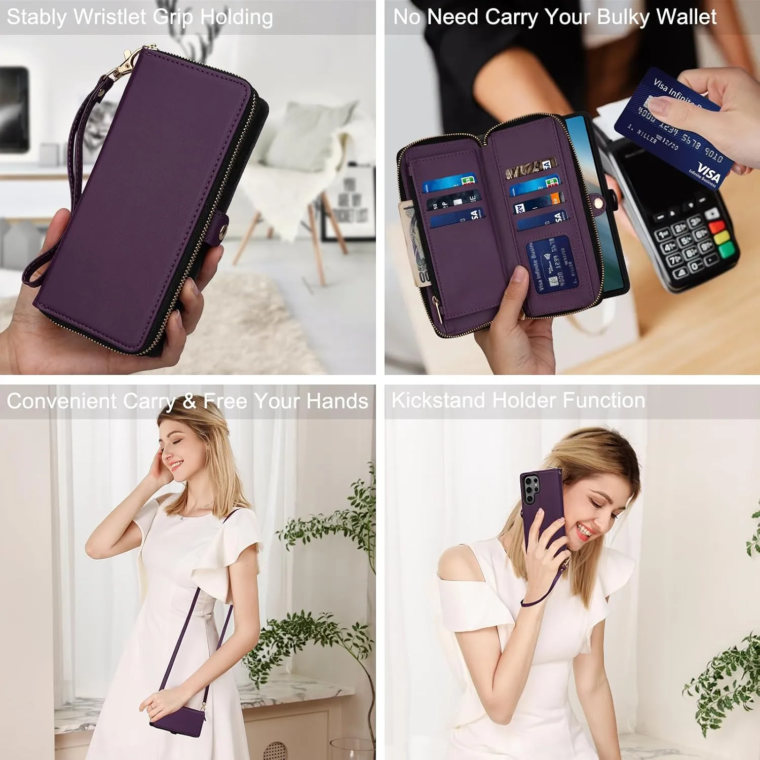 Rssviss Wallet Case for Samsung Galaxy S25 Ultra 5G Crossbody with Card Holder Wrist Strap, RFID Blocking Flip Zipper Case PU Leather, Purse Cover for Samsung S25 Ultra Men Women 6.9 inch Purple
