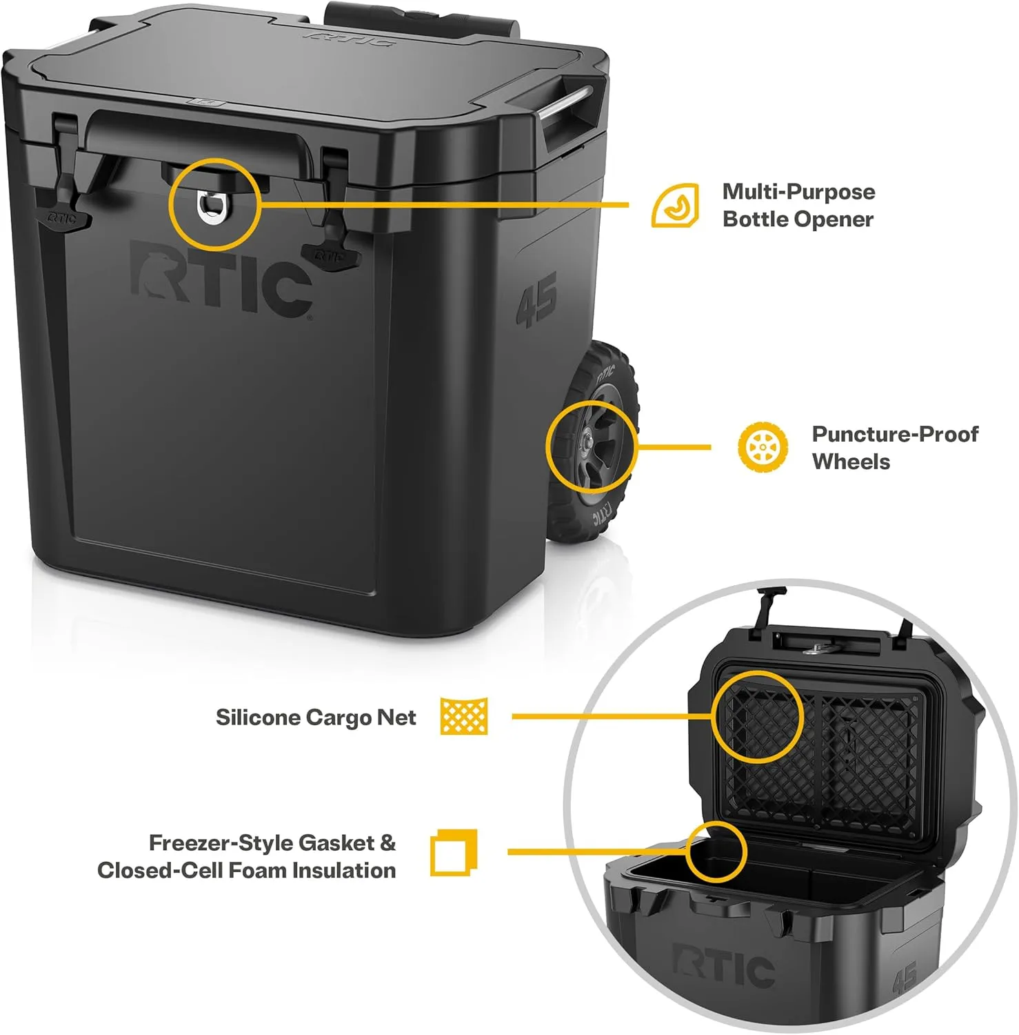 RTIC 45 QT Wheeled Ultra-Tough Cooler Hard Insulated Portable Ice Chest Box for Beach, Drink, Beverage, Camping, Picnic, Fishing, Boat, Barbecue, Rotomolded Construction