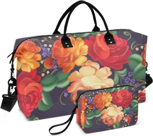 Russian Traditional Colored Flowers Duffel Bag for Gym Yoga Weekender Overnight Quilting Travel Bag Set
