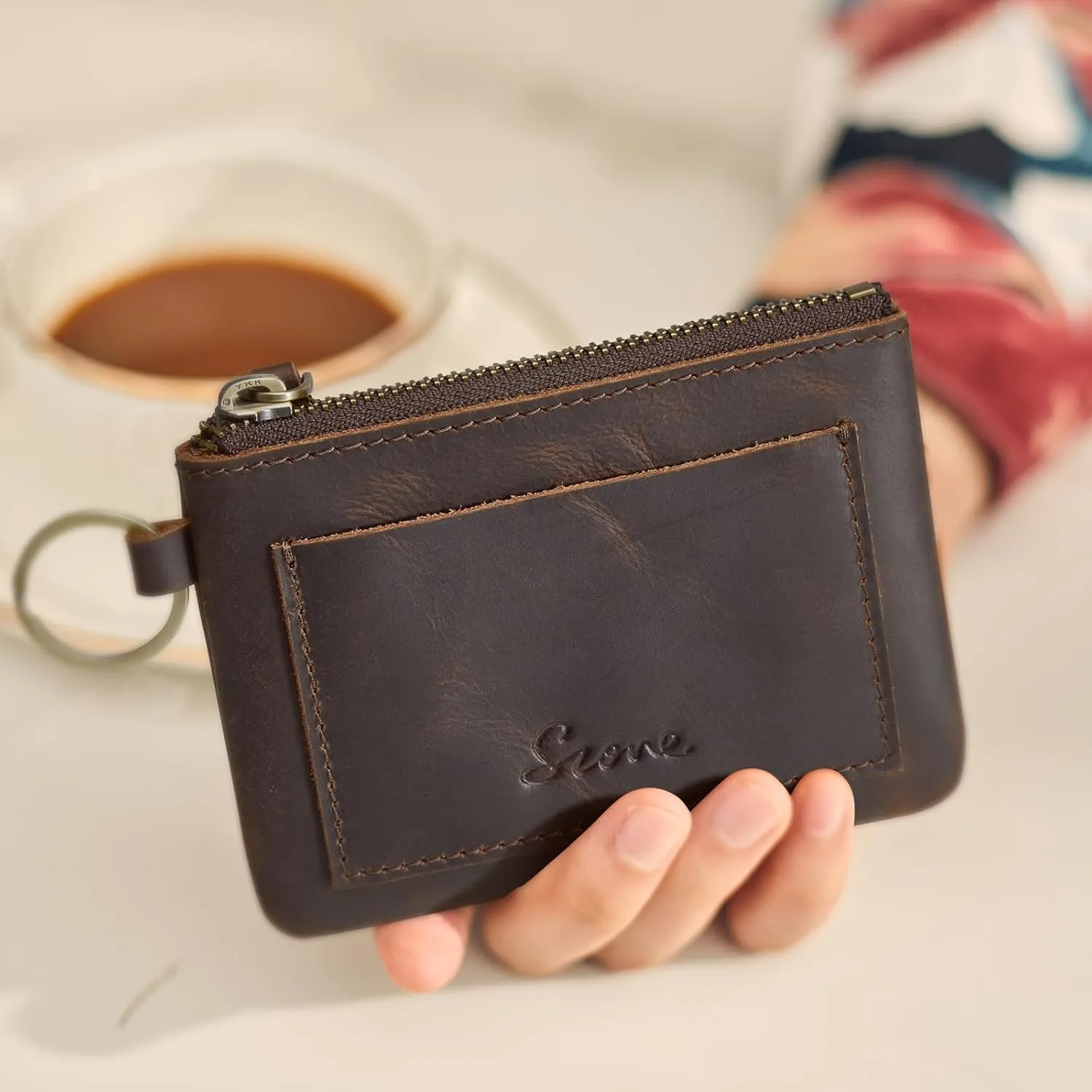 S-ZONE Genuine Leather Coin Purse for Women Men, Zipper Pouch Pocket Wallet for Change, Cards with Keychain