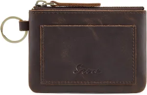 S-ZONE Genuine Leather Coin Purse for Women Men, Zipper Pouch Pocket Wallet for Change, Cards with Keychain