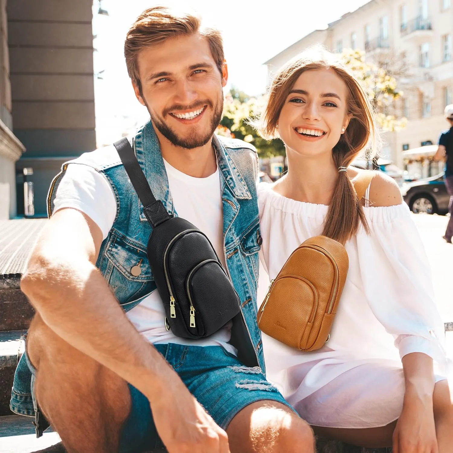 S-ZONE Leather Sling Bag for Women Men RFID Blocking Small Crossbody Sling Backpack Purses Chest Bags Travel Cycling Hiking