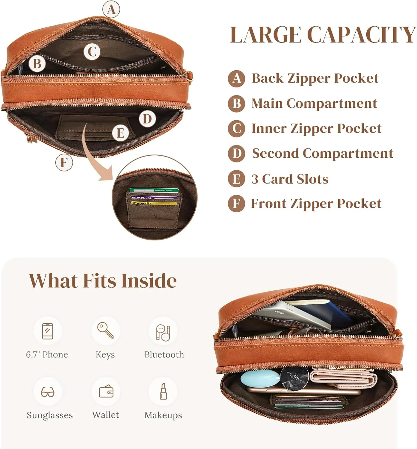 S-ZONE Top Grain Leather Crossbody Bags for Women RFID Blocking Shoulder Purses