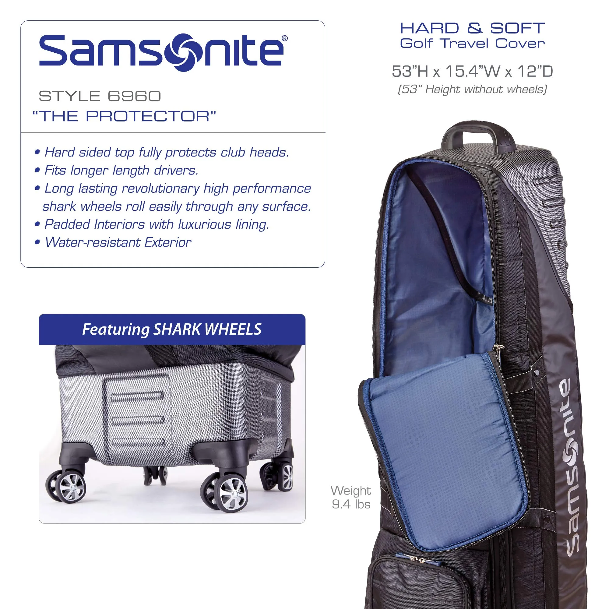 Samsonite "The Protector Hardside and Softside Golf Travel Bag with Shark Wheels