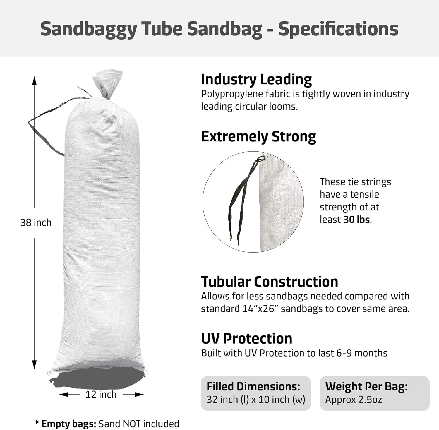 Sandbaggy 38 Inch by 12 Inch Empty Tube Sandbags - Sand Bag Water Barrier - For Re-Directing Water in Flood/Erosion Issues - Sand Not Included (10 Bags)